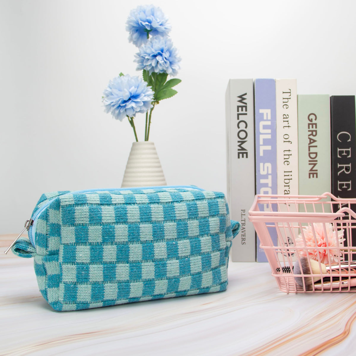 PAZIMIIK Checkered Makeup Bag lake blue open with cosmetics