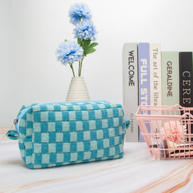 PAZIMIIK Checkered Makeup Bag lake blue open with cosmetics