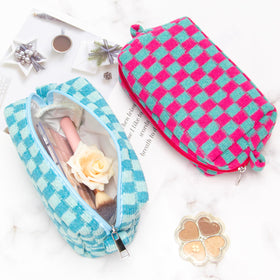 PAZIMIIK Checkered Makeup Bag lake blue with accessories