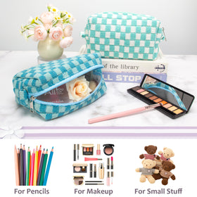 PAZIMIIK Checkered Makeup Bag lake blue zipper detail