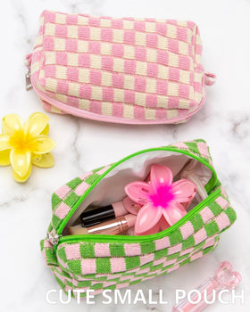 PAZIMIIK checkered makeup bag lifestyle scene on a table
