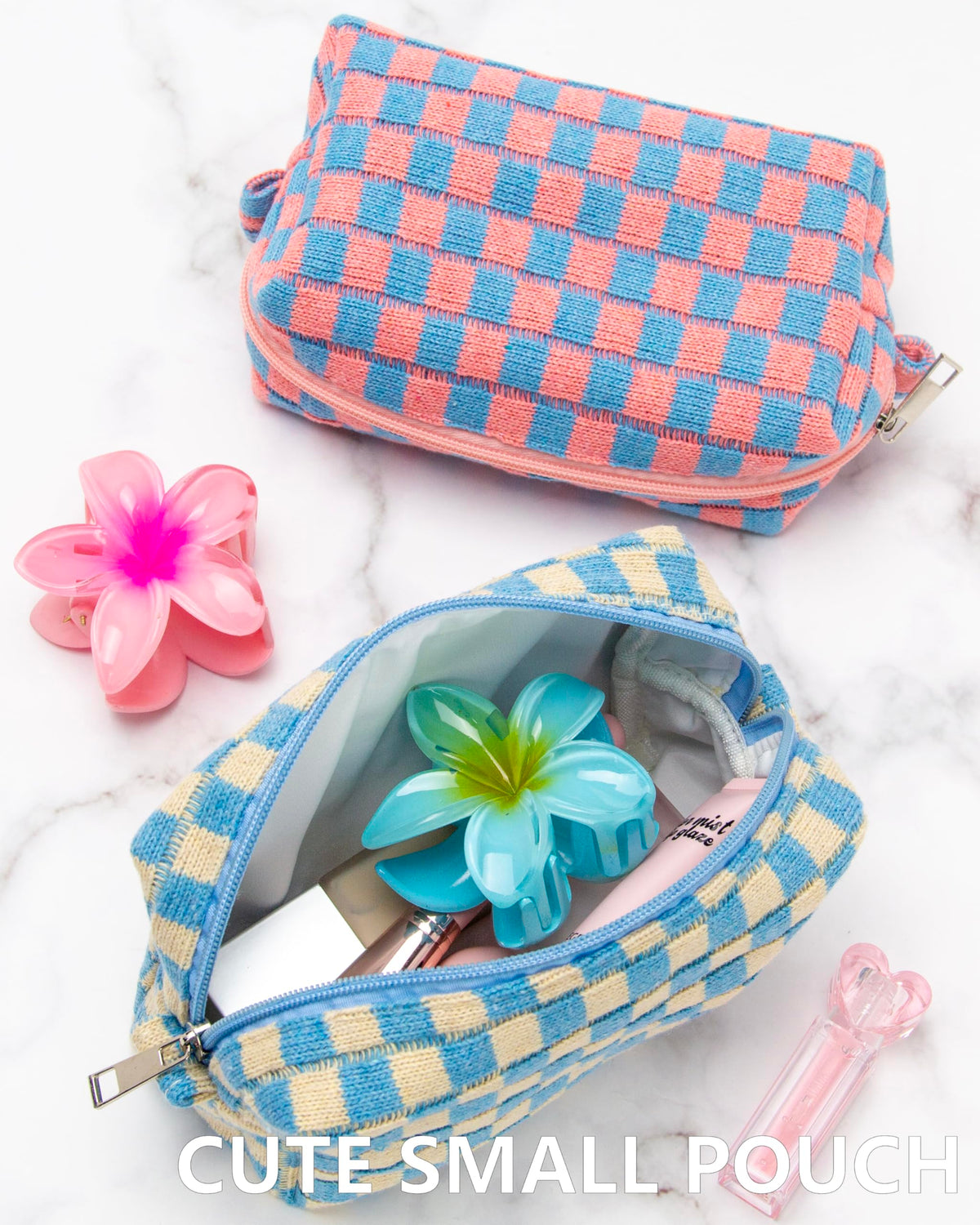 PAZIMIIK Checkered Makeup Bag lifestyle scene on a table