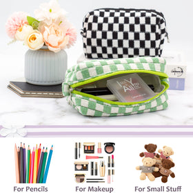 PAZIMIIK Checkered Makeup Bag light green open with cosmetics