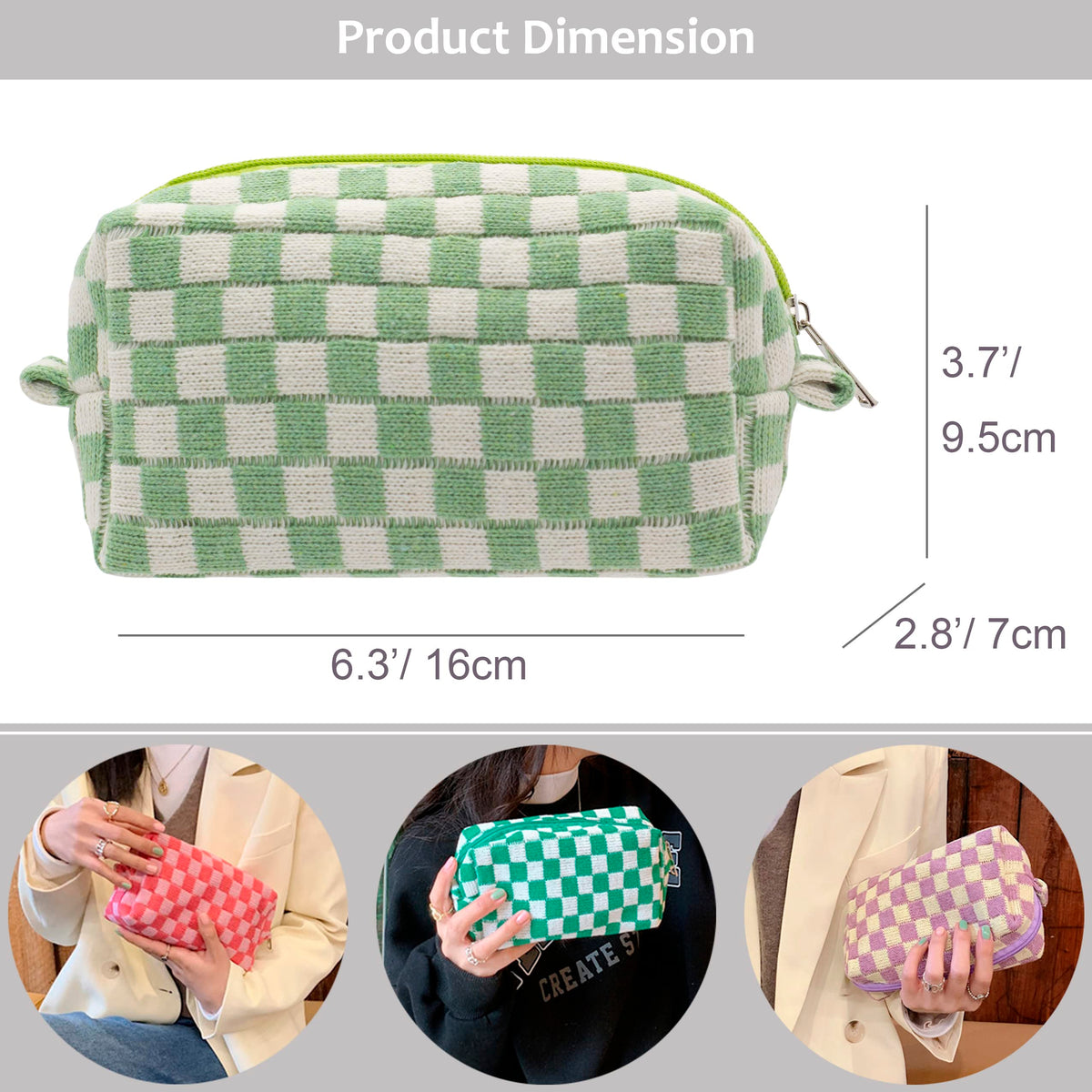 PAZIMIIK Checkered Makeup Bag light green side view