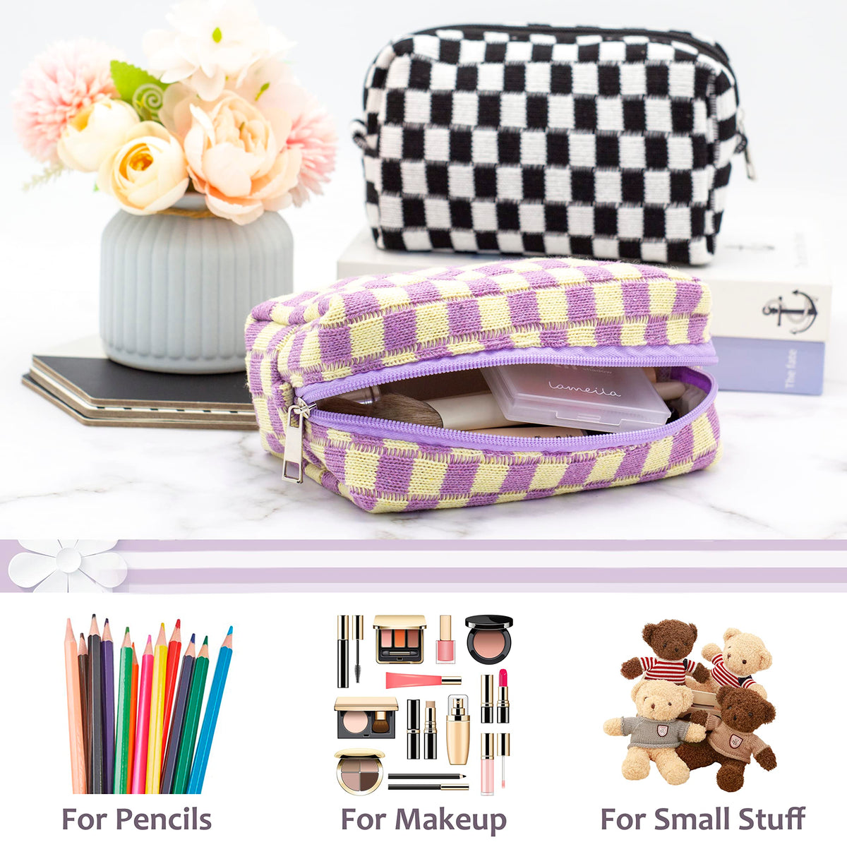 PAZIMIIK Checkered Makeup Bag open showing interior