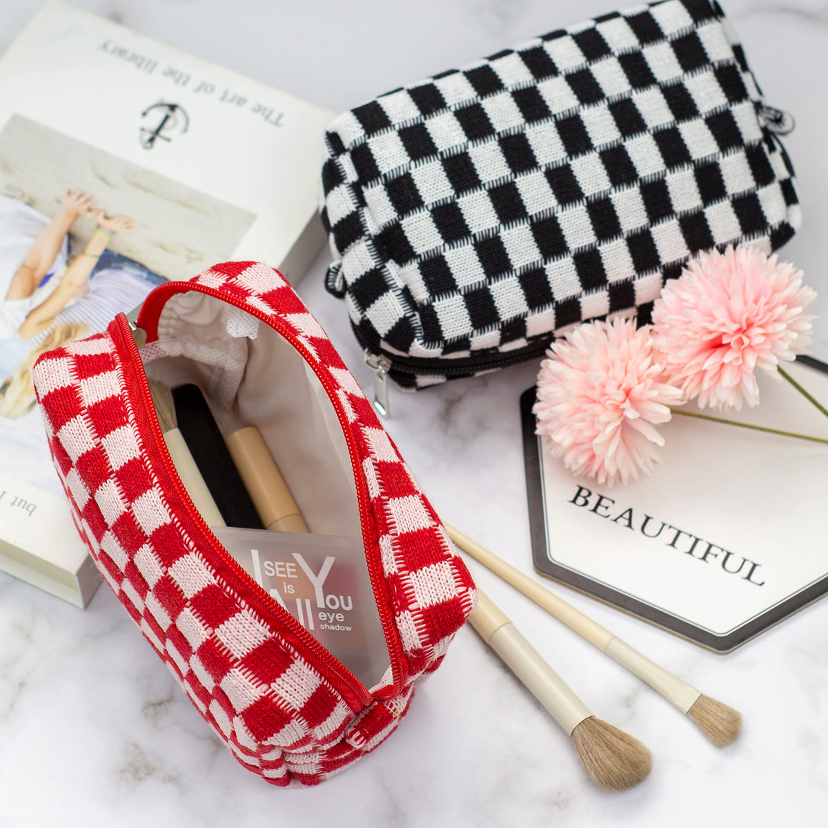 PAZIMIIK Checkered Makeup Bag open showing interior storage