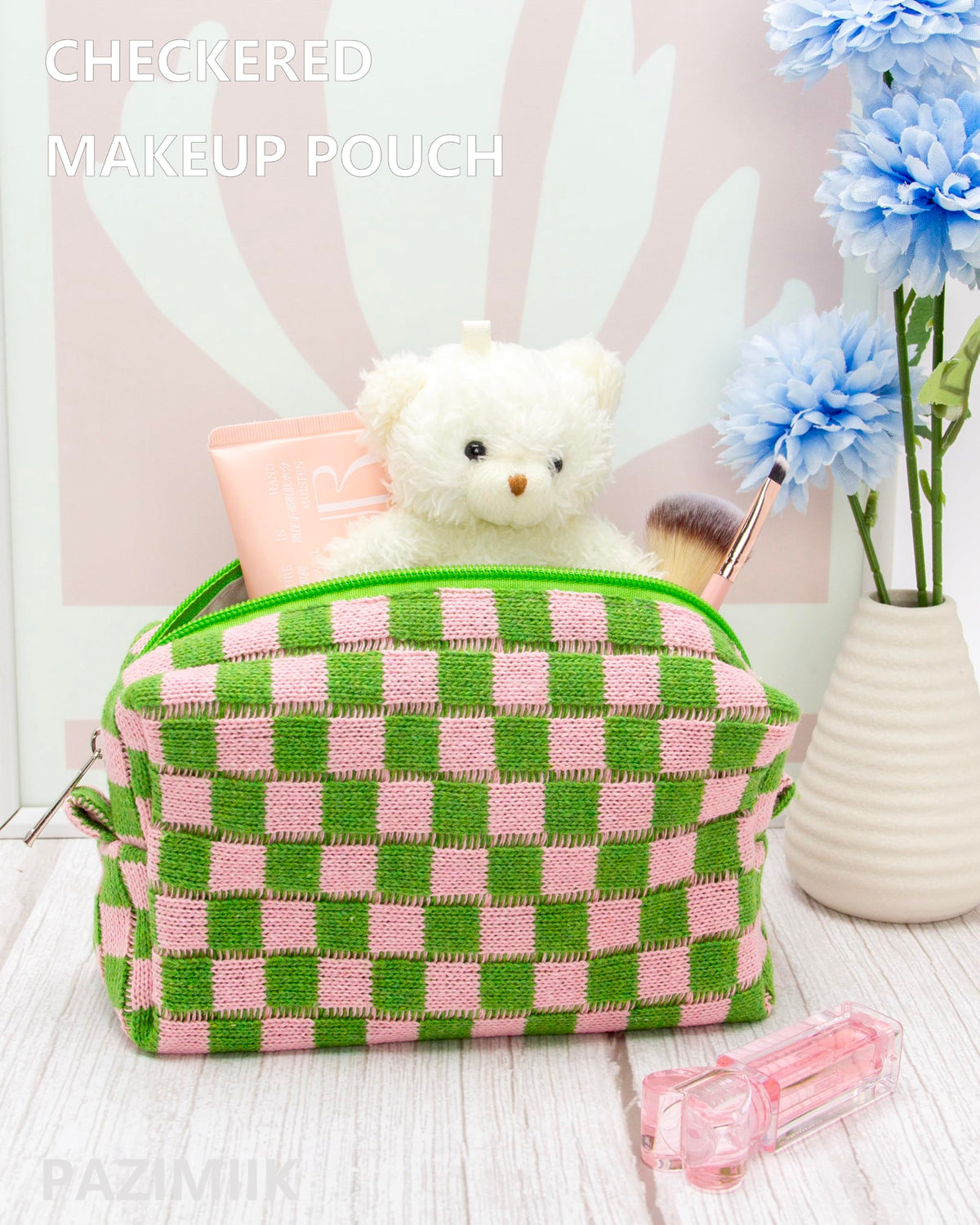 PAZIMIIK checkered makeup bag open showing interior storage