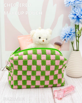 PAZIMIIK checkered makeup bag open showing interior storage