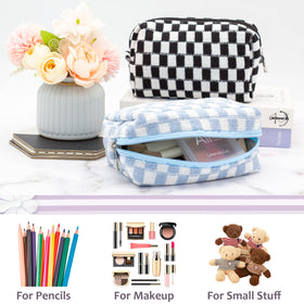 PAZIMIIK Checkered Makeup Bag open showing storage space