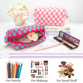 PAZIMIIK Checkered Makeup Bag open with cosmetics inside