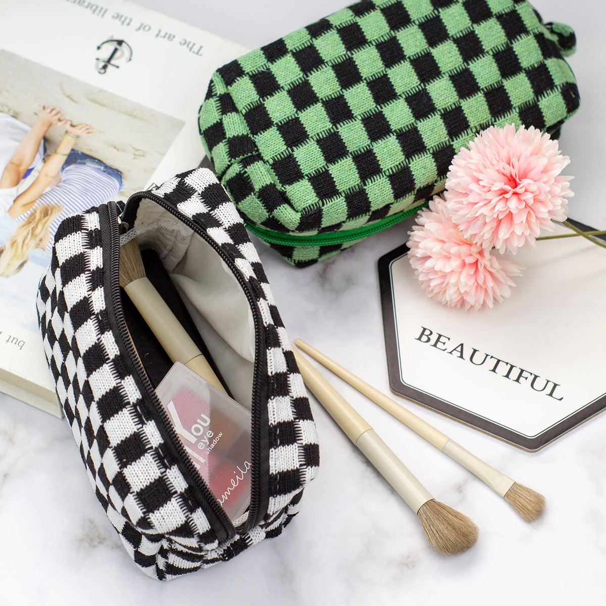 PAZIMIIK Checkered Makeup Bag open with cosmetics inside
