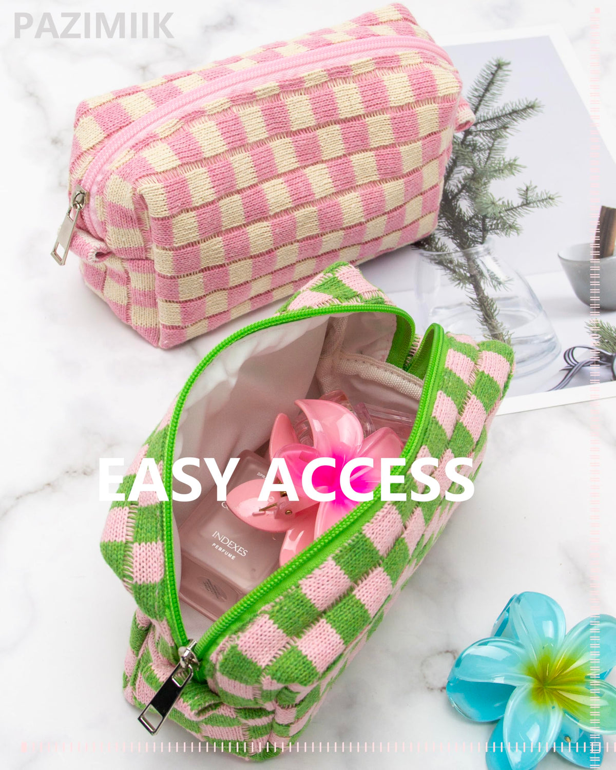 PAZIMIIK checkered makeup bag packed for travel