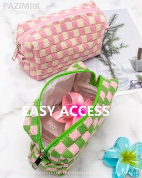PAZIMIIK checkered makeup bag packed for travel