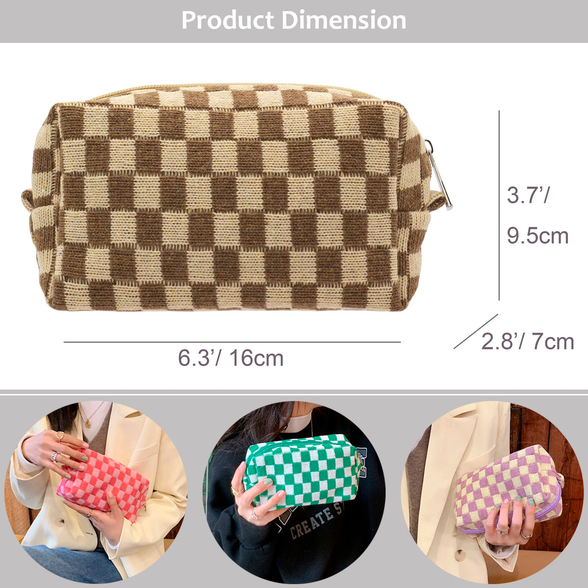 PAZIMIIK Checkered Makeup Bag packed with cosmetics