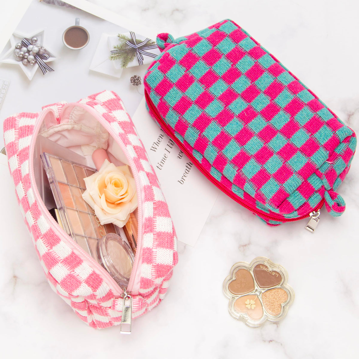 PAZIMIIK Checkered Makeup Bag showing soft knit texture