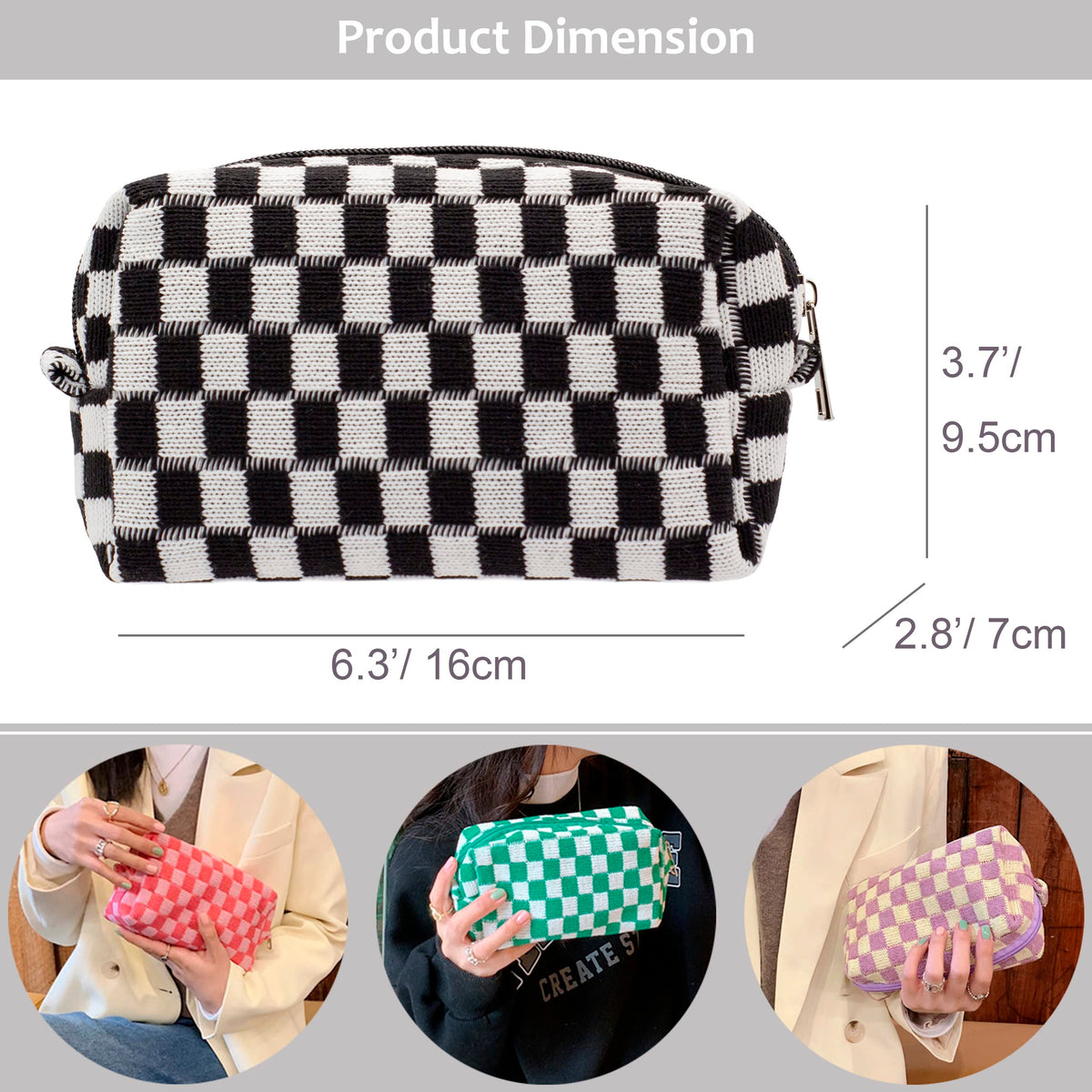 PAZIMIIK Checkered Makeup Bag side view showcasing texture