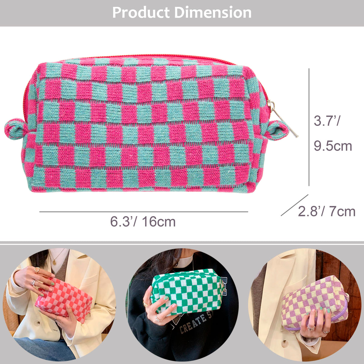PAZIMIIK Checkered Makeup Bag side view showing zipper