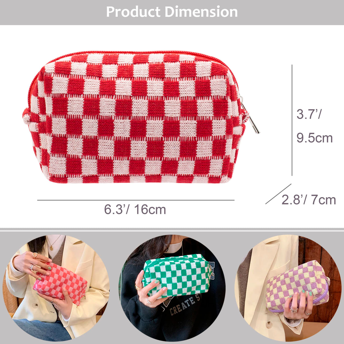 PAZIMIIK Checkered Makeup Bag side view with zipper