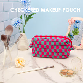PAZIMIIK Checkered Makeup Bag stacked with other bags