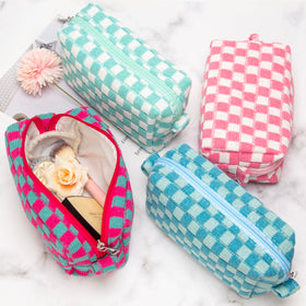 PAZIMIIK Checkered Makeup Bag with cosmetics and accessories