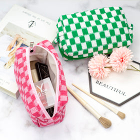 PAZIMIIK Checkered Makeup Bag with cosmetics displayed