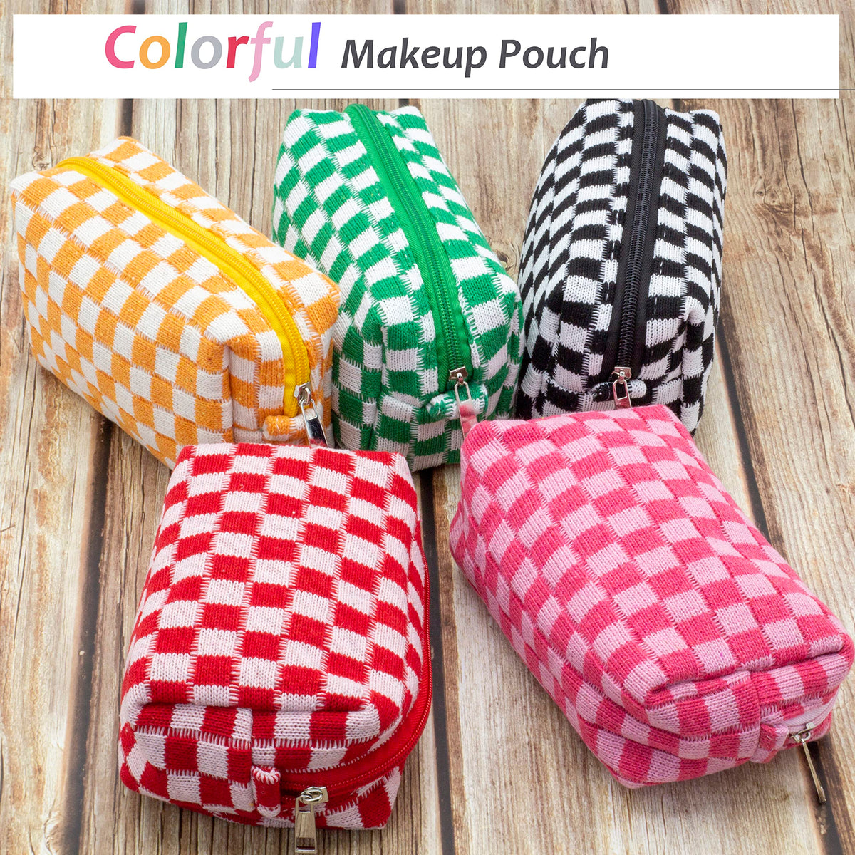 PAZIMIIK Checkered Makeup Bag with cosmetics inside