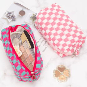 PAZIMIIK Checkered Makeup Bag with cosmetics inside
