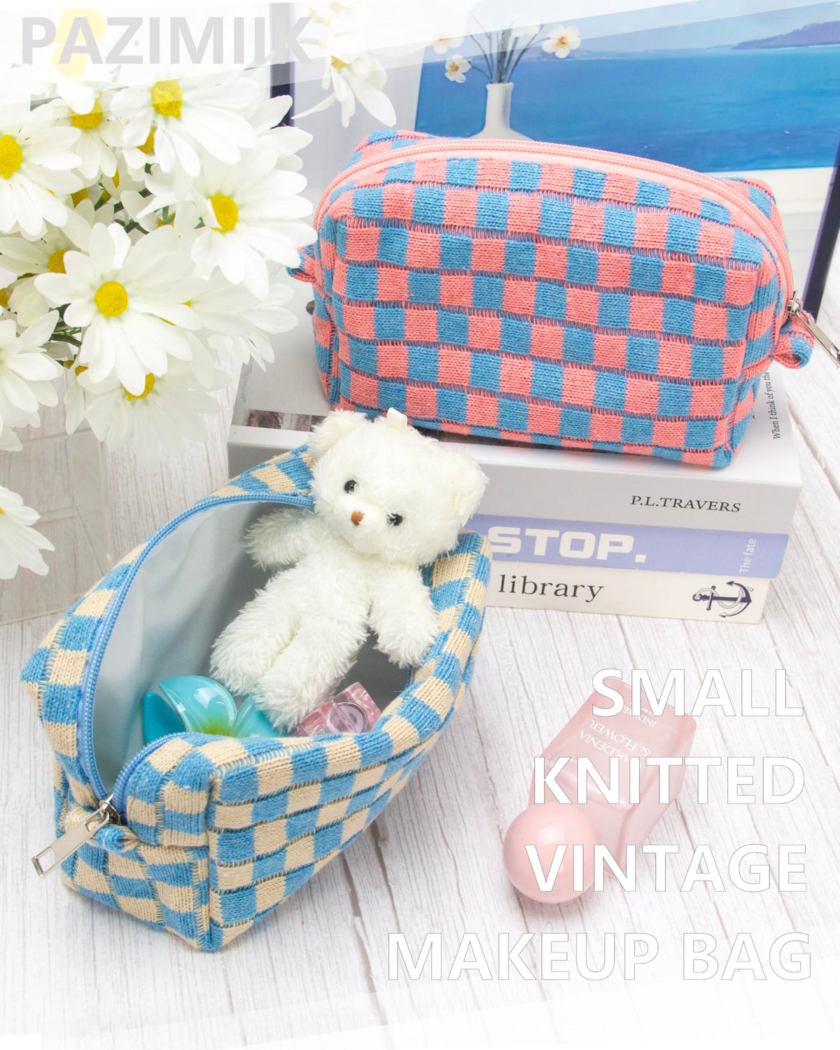 PAZIMIIK Checkered Makeup Bag with cosmetics inside