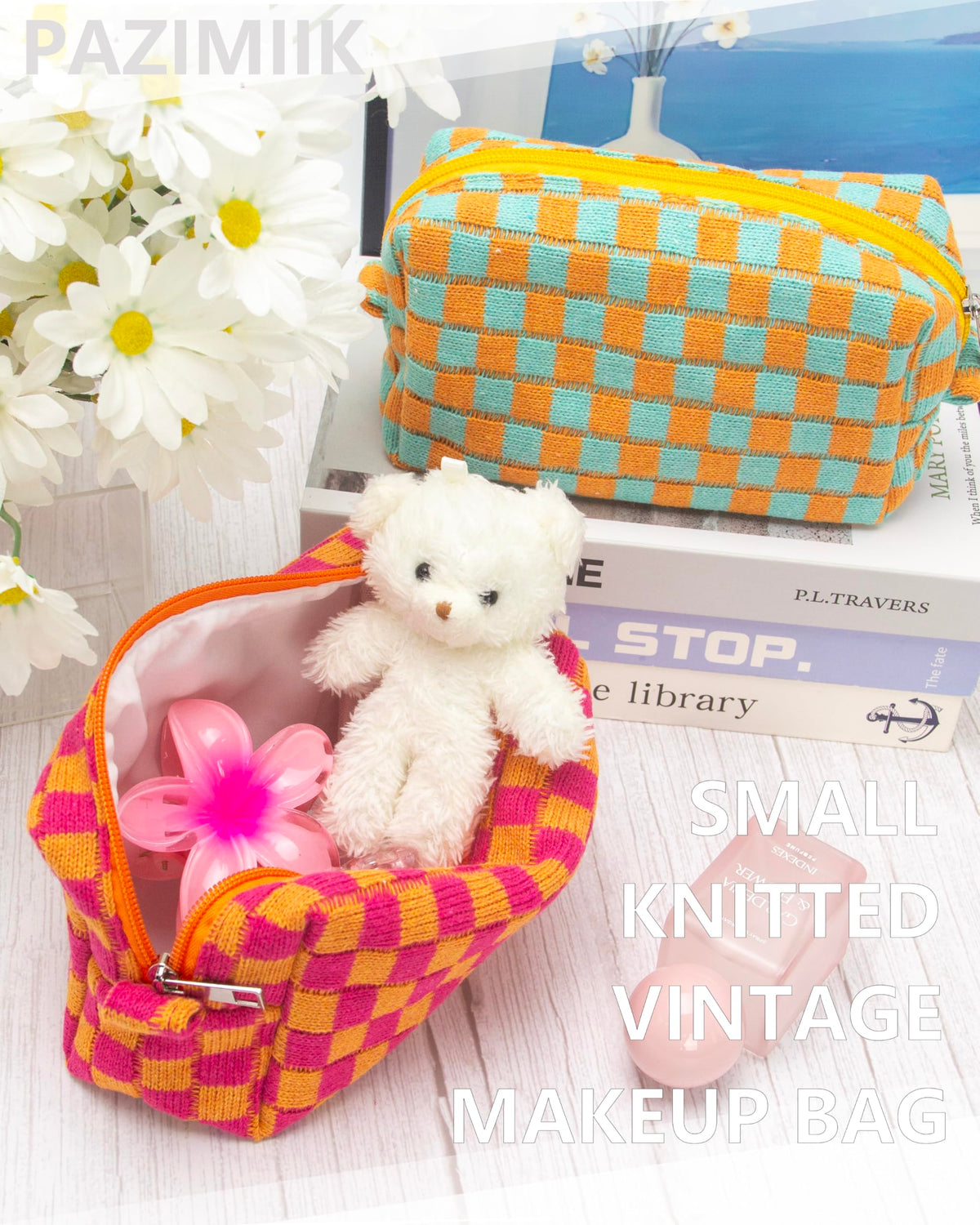 PAZIMIIK Checkered Makeup Bag with cosmetics inside