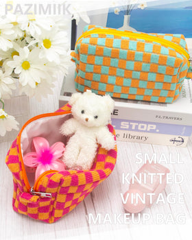 PAZIMIIK Checkered Makeup Bag with cosmetics inside