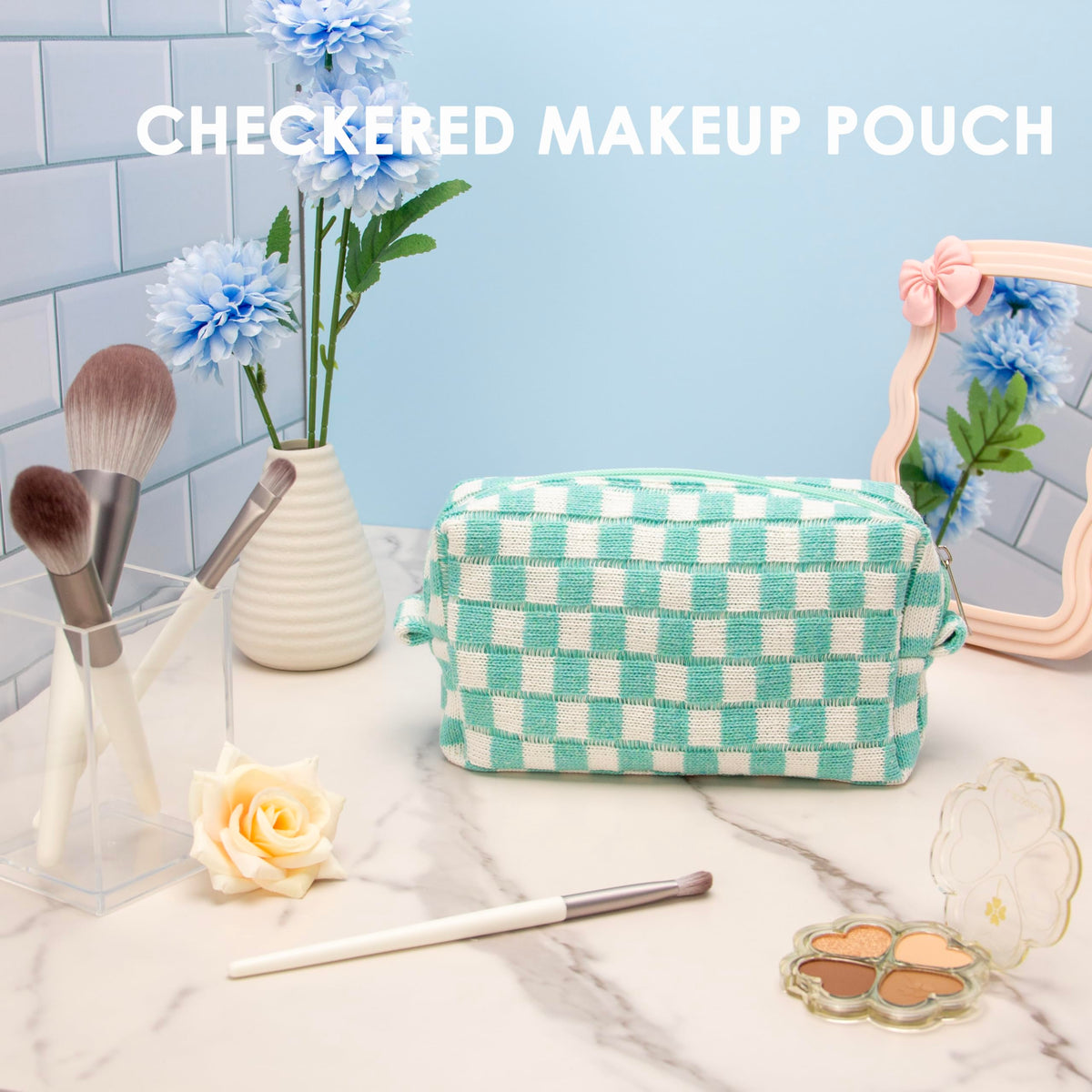 PAZIMIIK Checkered Makeup Bag with cosmetics inside