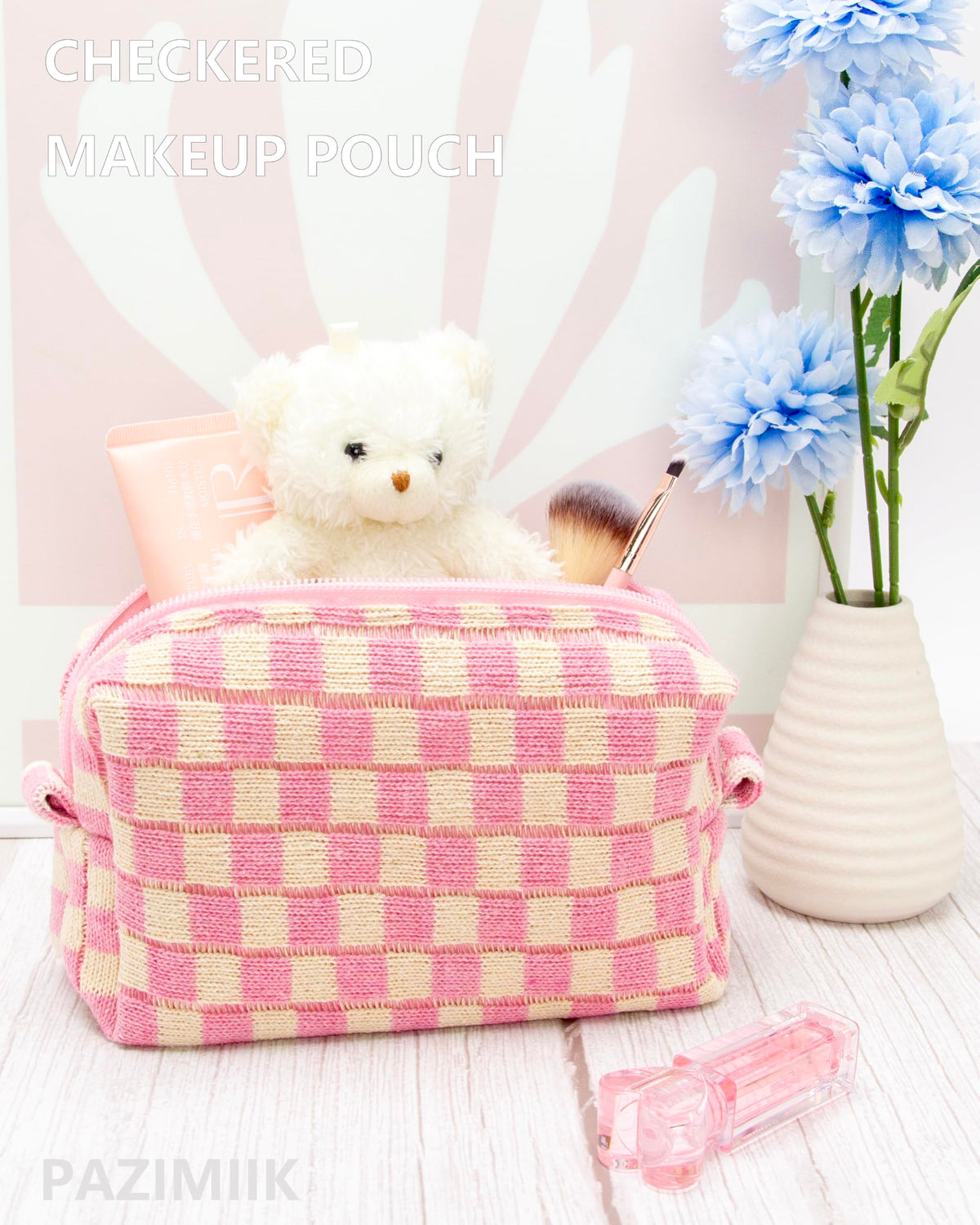 PAZIMIIK Checkered Makeup Bag with open zipper showing organized cosmetics