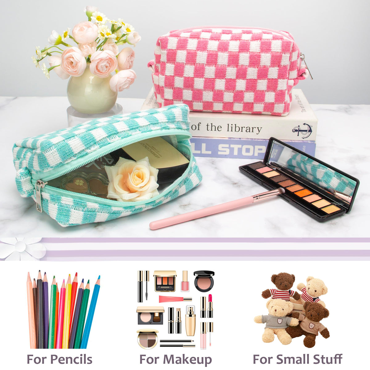 PAZIMIIK Checkered Makeup Bag with zipper detail
