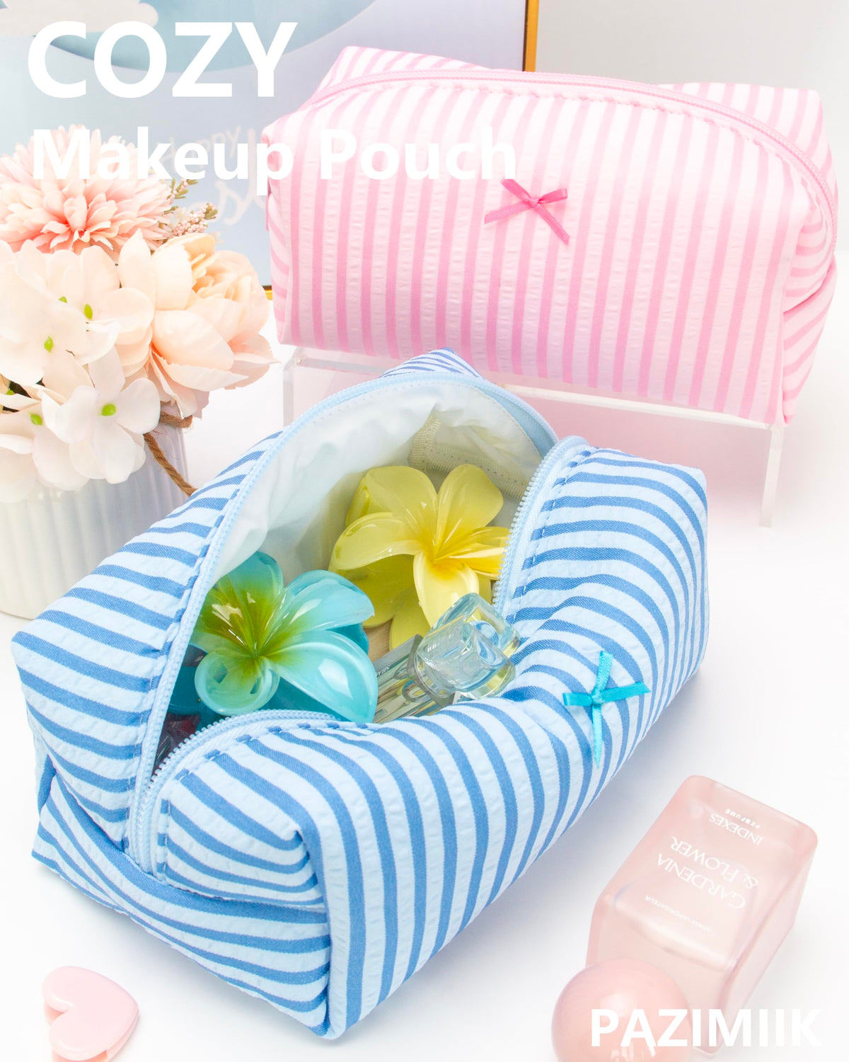 PAZIMIIK Cozy Makeup Bag displayed on a table with flowers