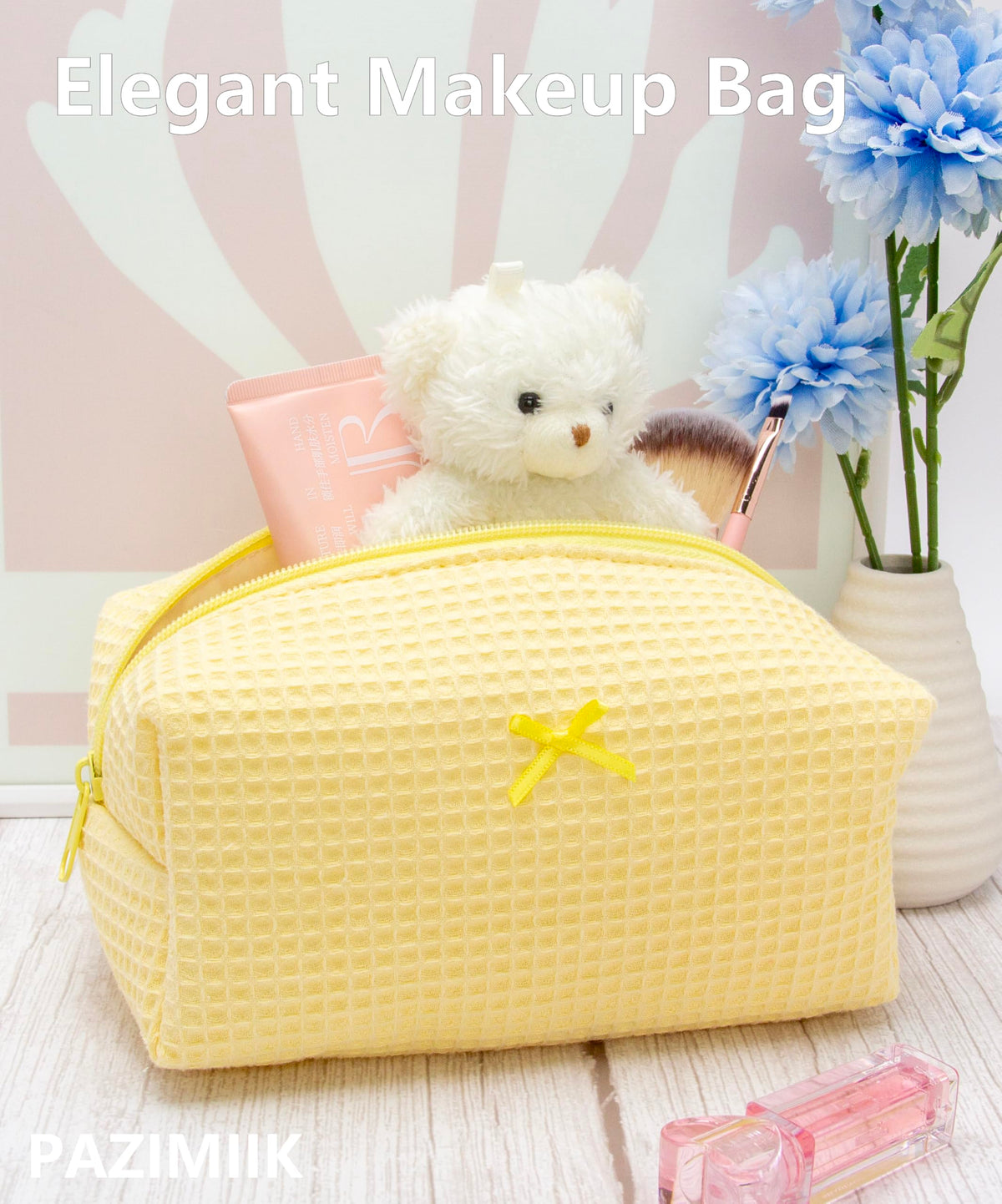 PAZIMIIK Cozy Makeup Bag displayed with a travel suitcase