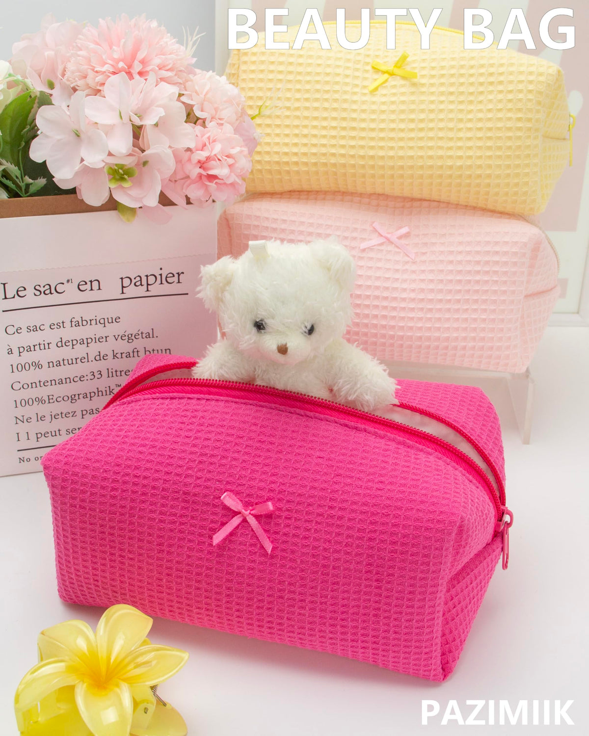 PAZIMIIK Cozy Makeup Bag displayed with accessories