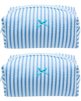 PAZIMIIK Cozy Makeup Bag front view in Stripe Lake Blue