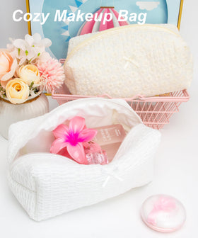 PAZIMIIK Cozy Makeup Bag in a travel setting with toiletries