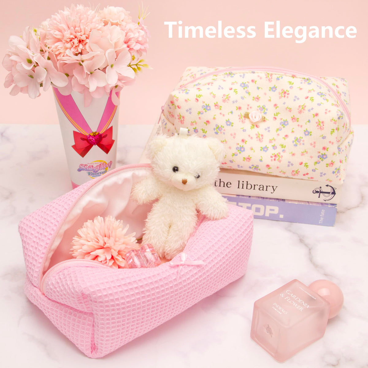 PAZIMIIK Cozy Makeup Bag in lifestyle setting with flowers