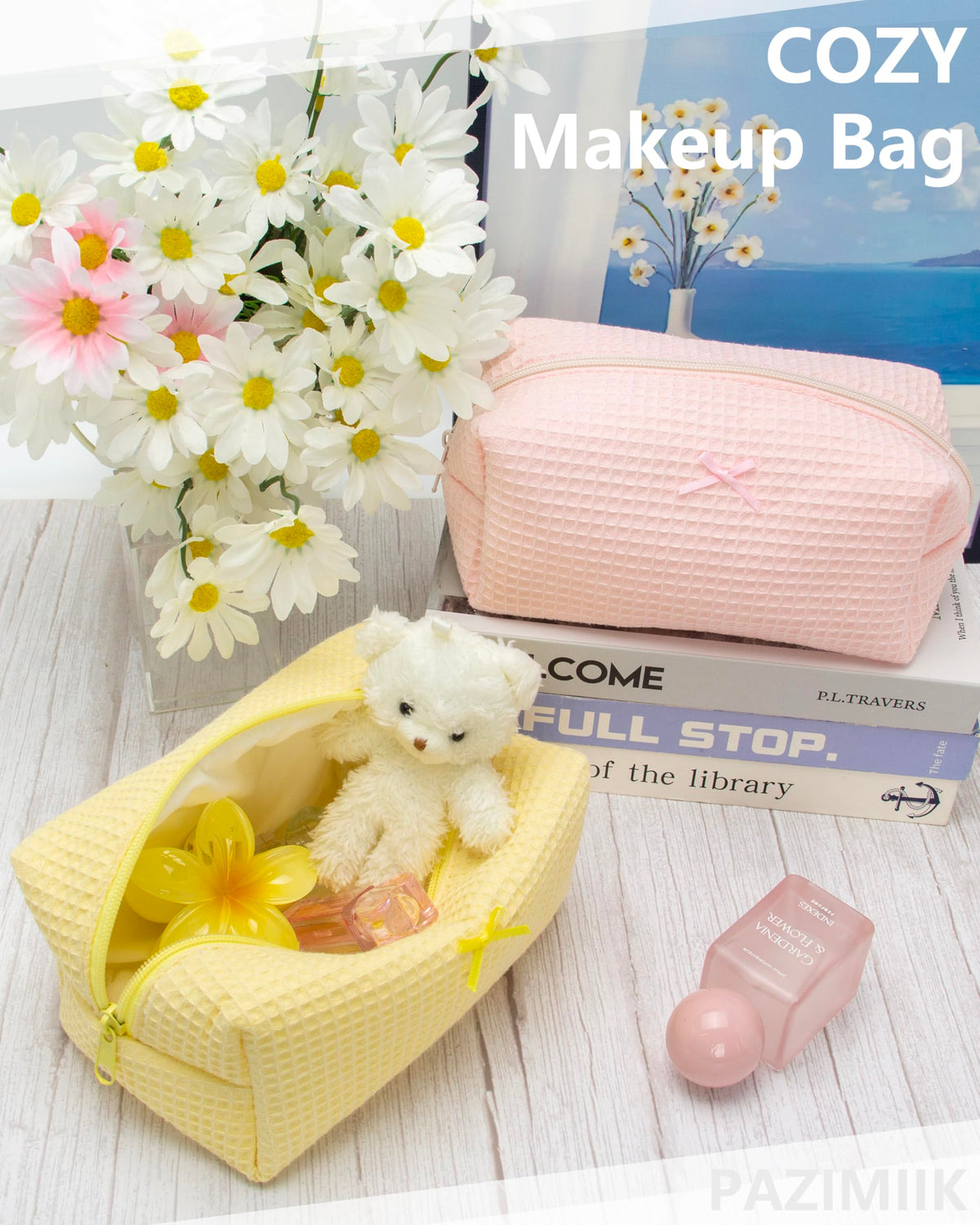 PAZIMIIK Cozy Makeup Bag in lifestyle setting with flowers