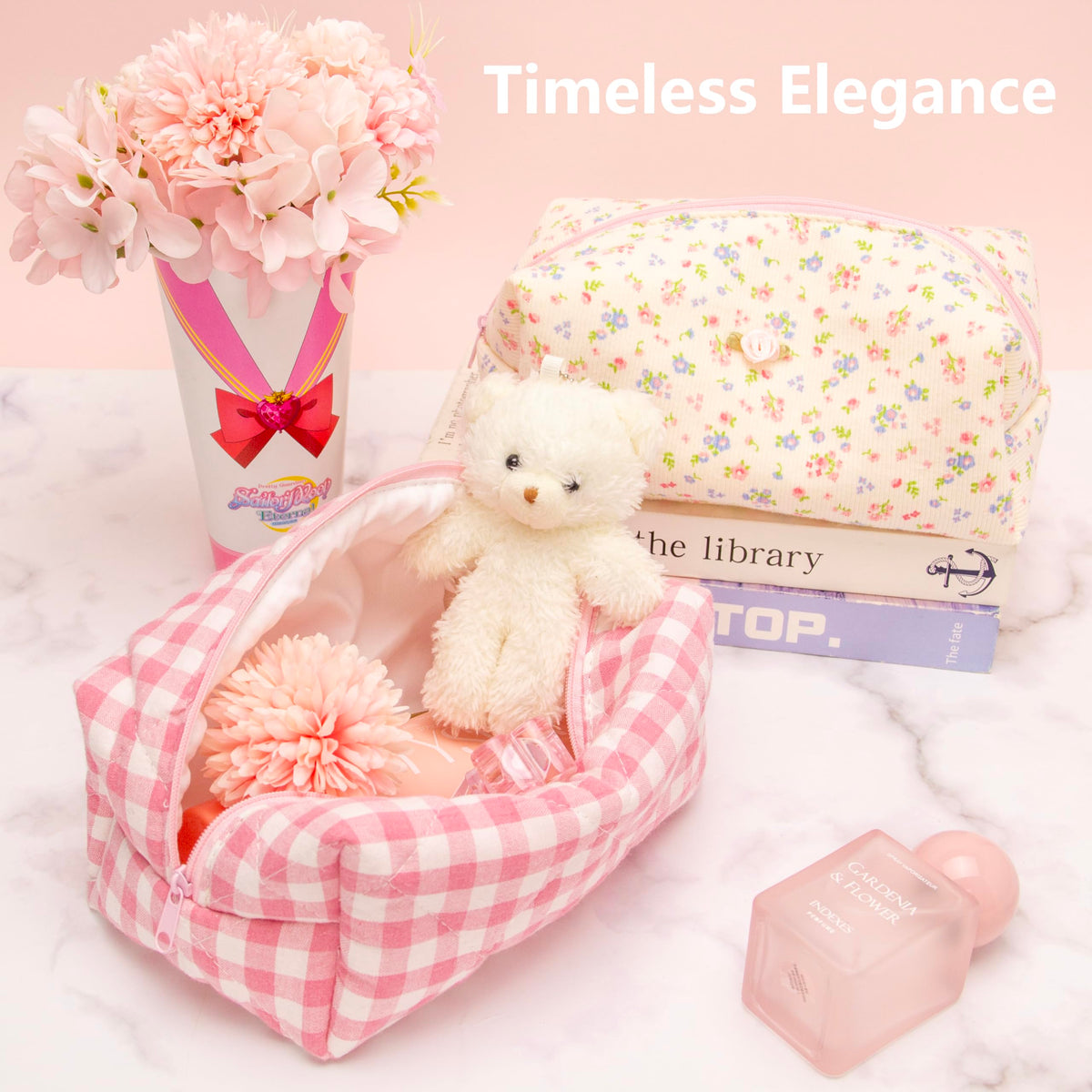 PAZIMIIK Cozy Makeup Bag lifestyle image with accessories