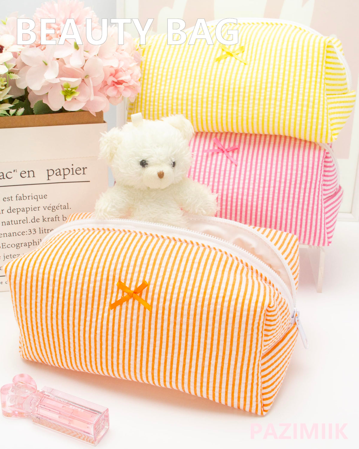 PAZIMIIK Cozy Makeup Bag lifestyle scene with accessories