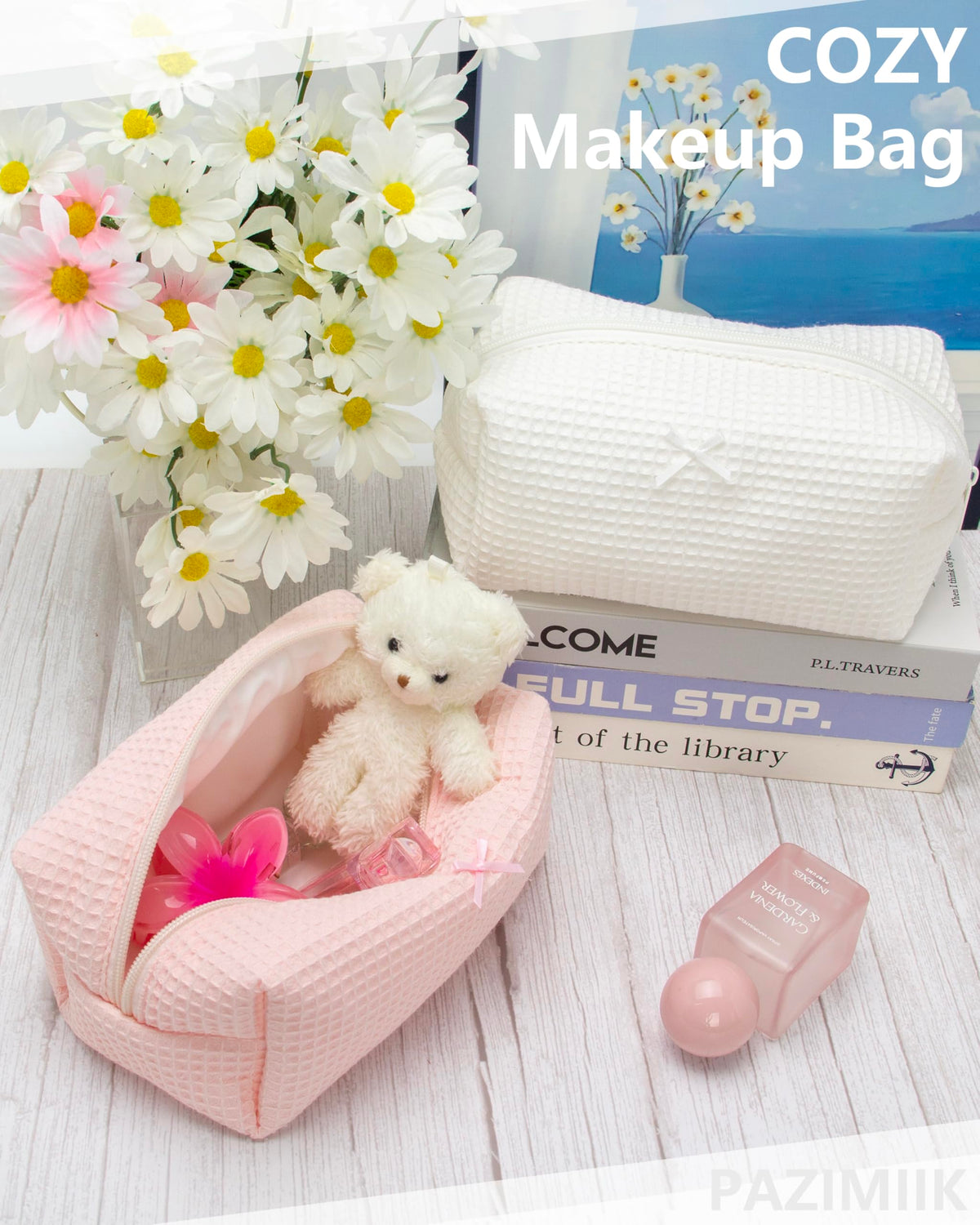 PAZIMIIK Cozy Makeup Bag on a vanity with beauty products
