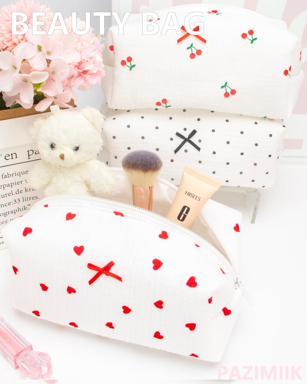 PAZIMIIK Cozy Makeup Bag on a vanity with cosmetics