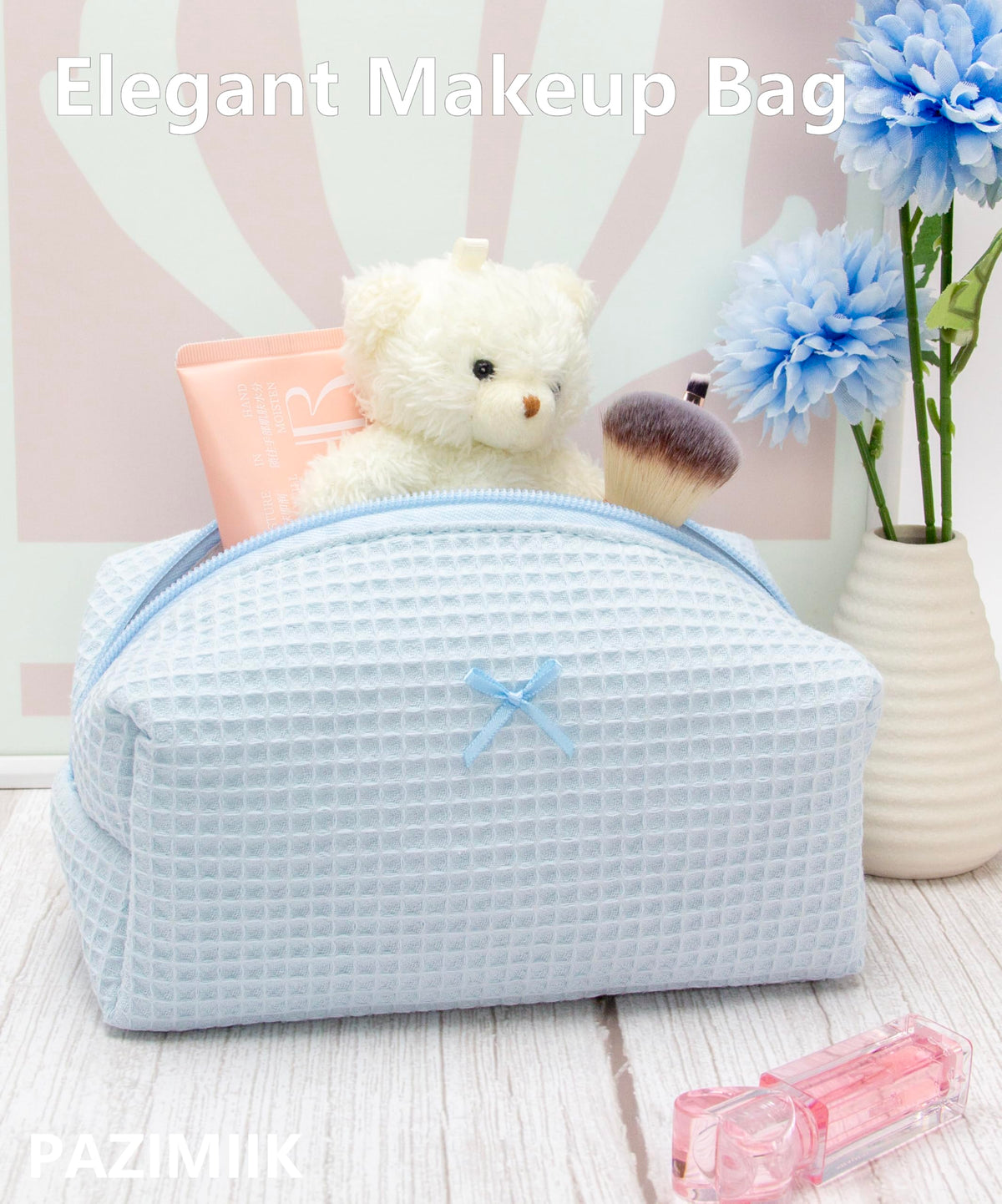 PAZIMIIK Cozy Makeup Bag open with makeup items inside
