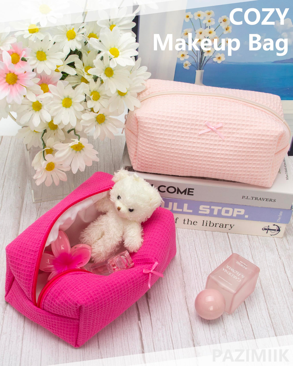 PAZIMIIK Cozy Makeup Bag packed in a backpack