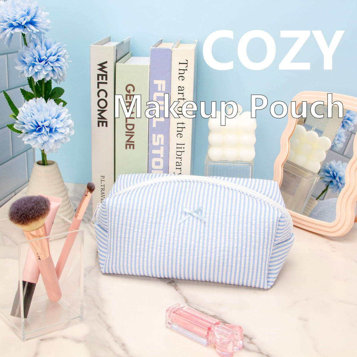 PAZIMIIK Cozy Makeup Bag Stripe Blue on a table
