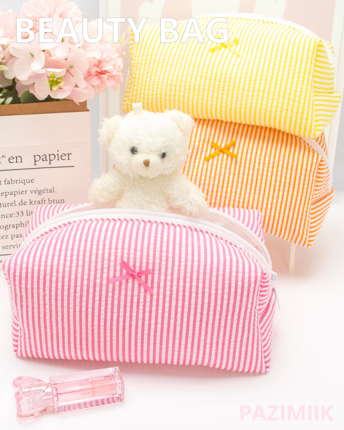 PAZIMIIK Cozy Makeup Bag Stripe Candy Pink interior layout
