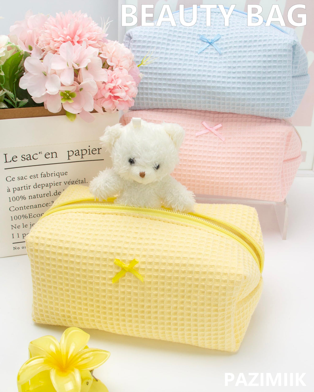 PAZIMIIK Cozy Makeup Bag with toiletries and makeup items inside