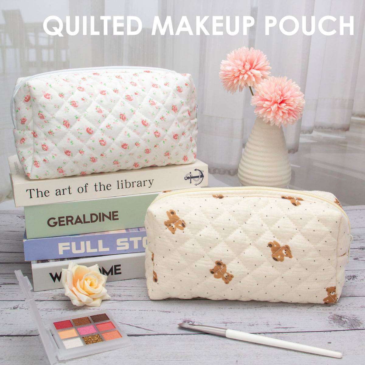 PAZIMIIK Small Quilted Makeup Bag dimensions on a ruler
